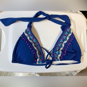 NANETTE LEPORE COSTA SOL BLUE BEADED VAMP BIKINI SWIM TOP SZ XS